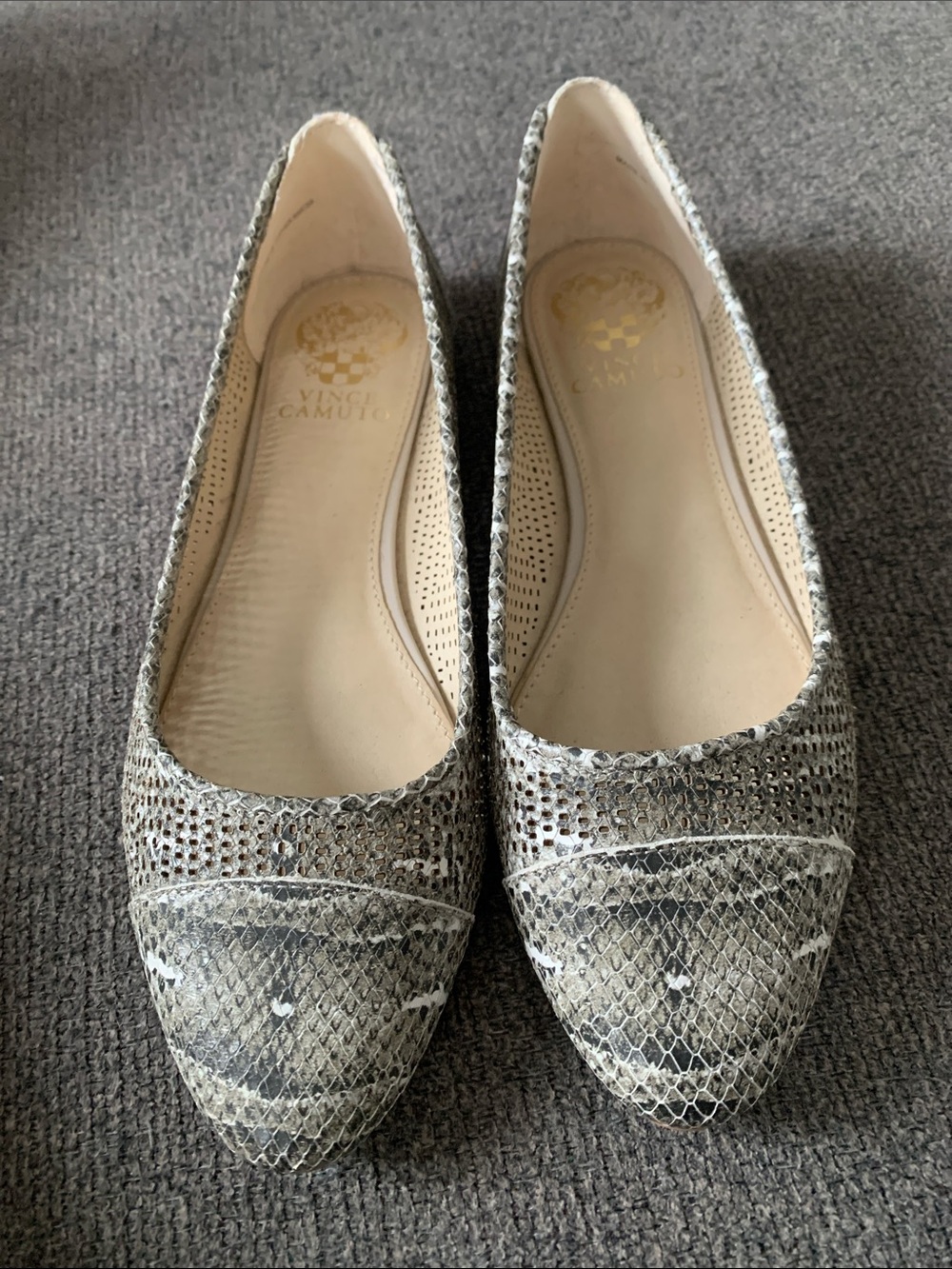 Vince Camuto Women's Snake-Print Pointed Flats in Beige and Gray